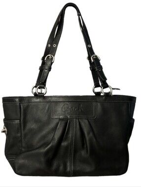 Coach Black Leather Shoulder Tote with Pleat Detail